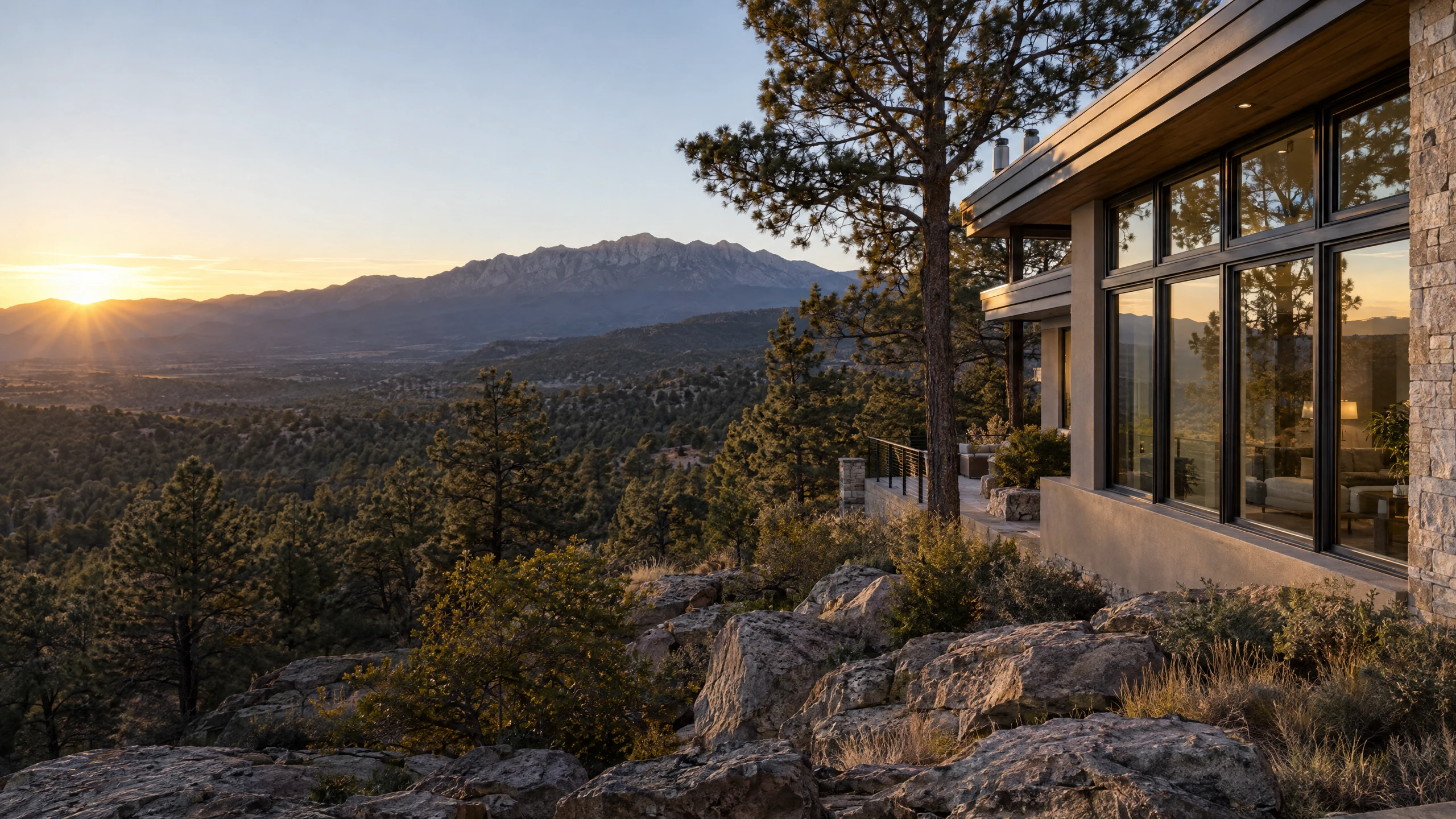 Illustrative Tijeras home with windows and Sandia Mountains view