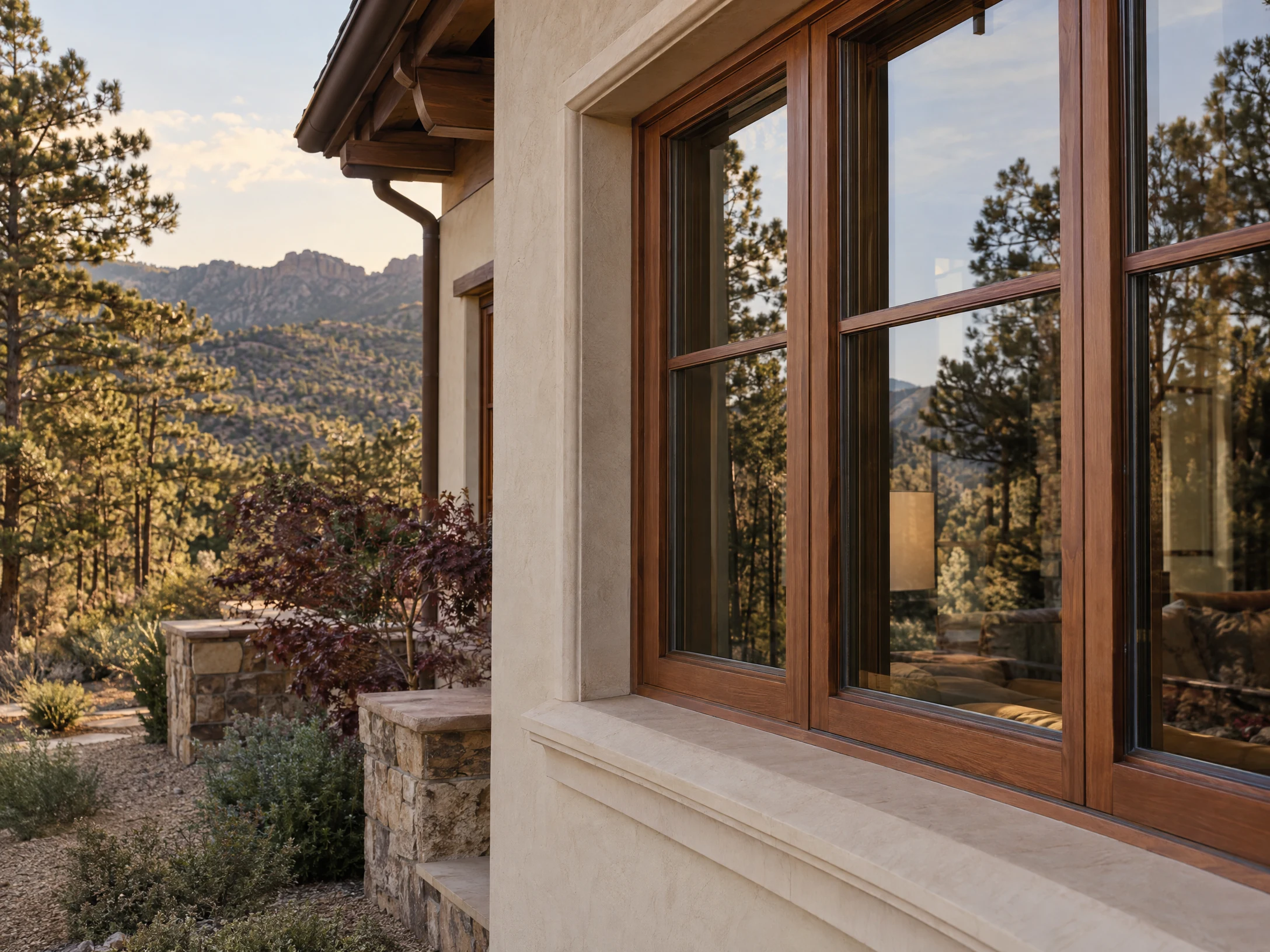 Unbranded wood-clad window set into a refined high-desert home exterior