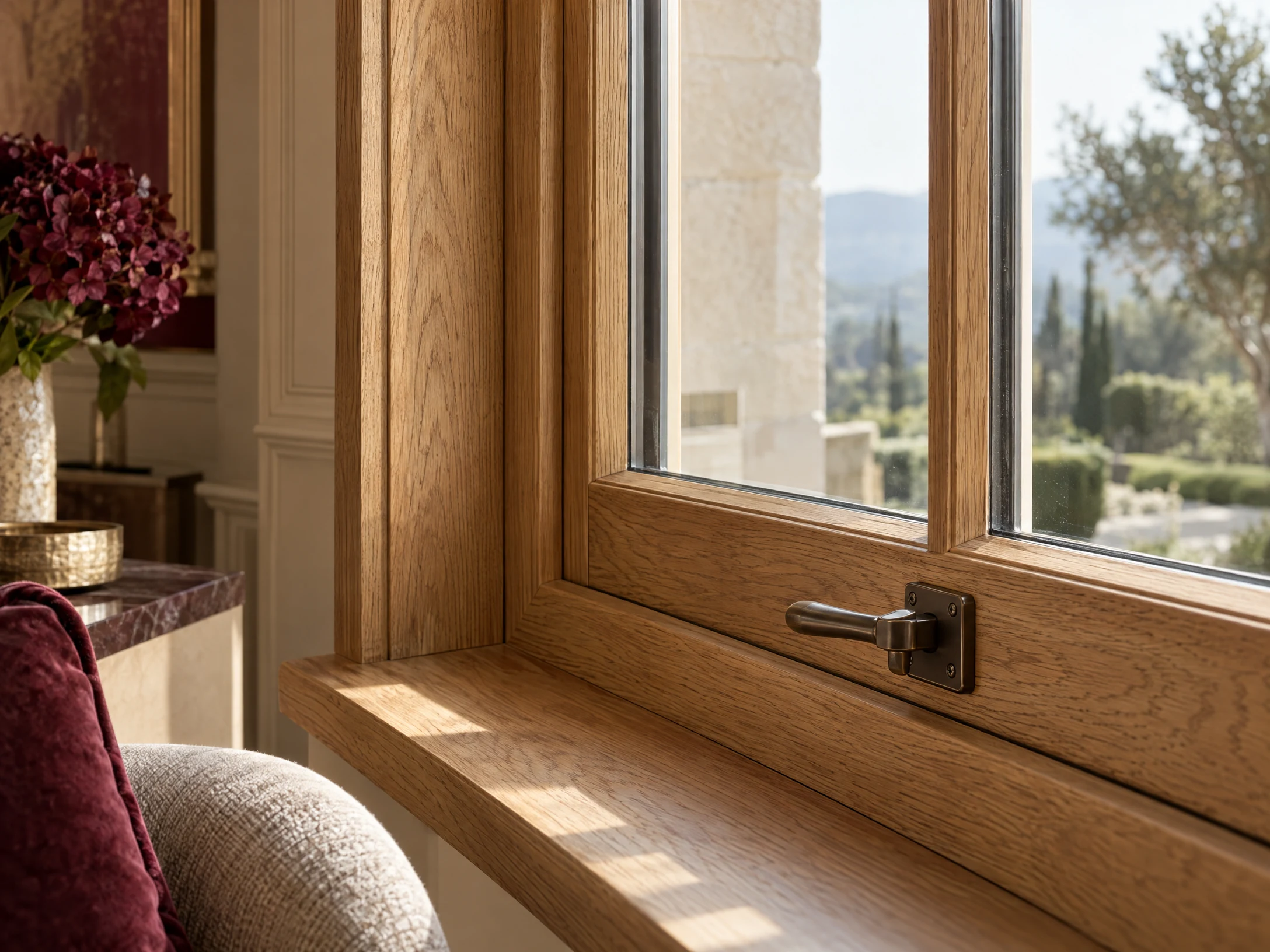 Close view of unbranded natural wood window grain, glazing, and hardware