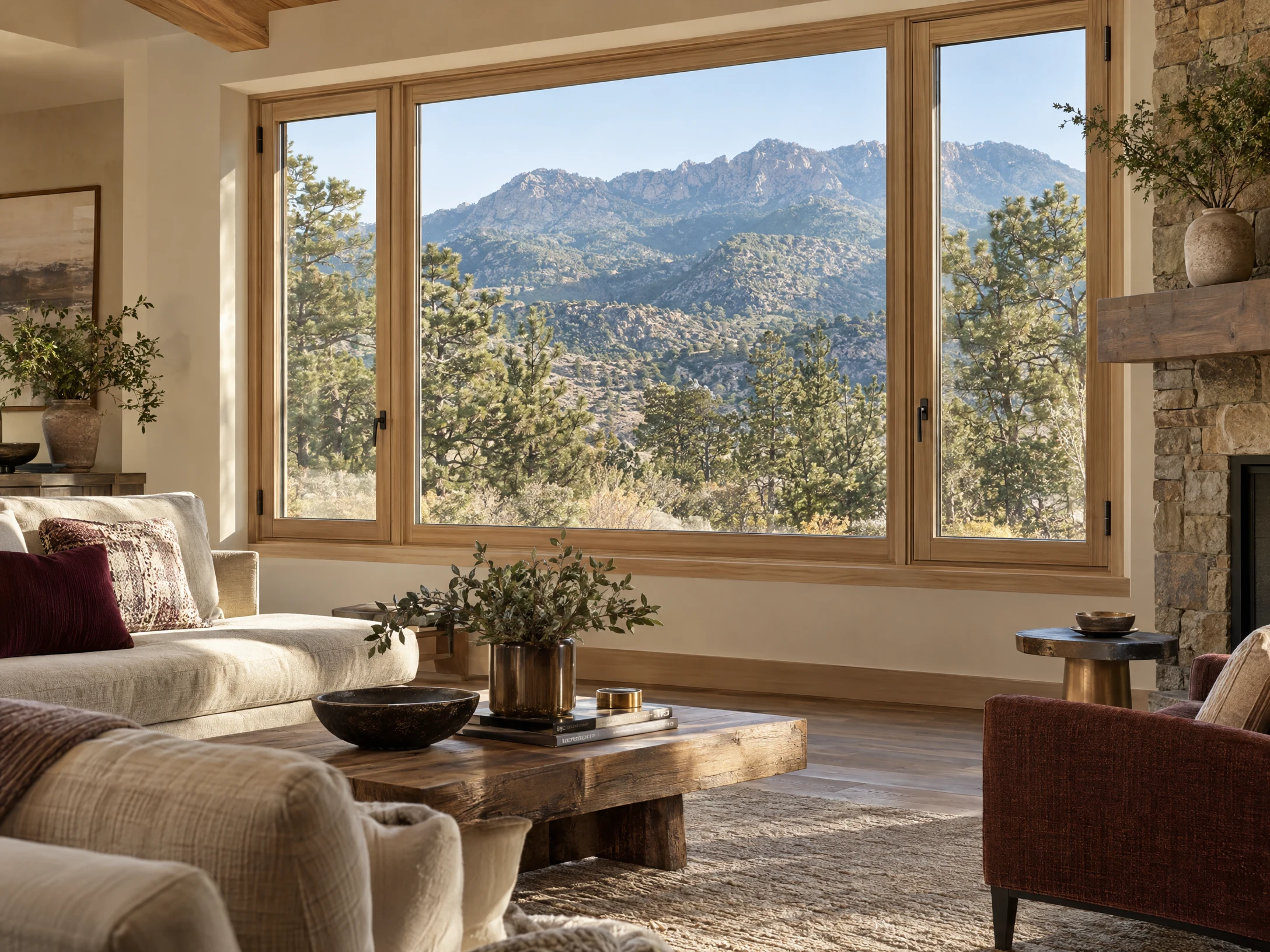 Unbranded premium wood window framing an East Mountains view